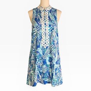 Lilly Pulitzer Jane Blue & Green Retro Size 6 Mod Dress White Trim Gold Zipper